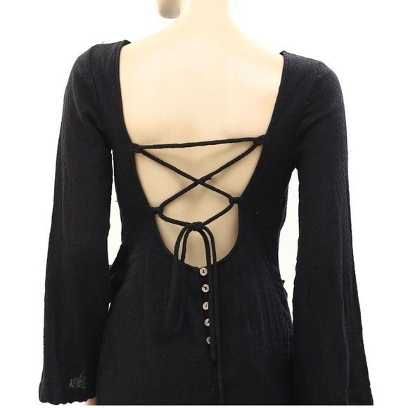 NWT Free People Simona Black Long Sleeve Mini Dress Lace Up Buttoned Low Cut - Picture 3 of 7